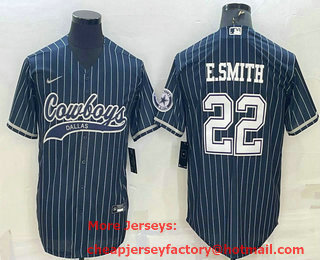 Men's Dallas Cowboys #22 Emmitt Smith Navy With Patch Cool Base Stitched Baseball Jersey