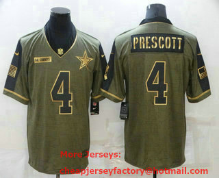 Men's Dallas Cowboys #4 Dak Prescott 2021 Olive Gold Salute To Service Limited Stitched Jersey