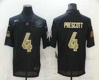 Men's Dallas Cowboys #4 Dak Prescott Black Camo 2020 Salute To Service Stitched NFL Nike Limited Jersey