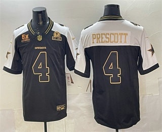 Men's Dallas Cowboys #4 Dak Prescott Black Gold 2025 FUSE 5x Super Bowl Champions Patch Vapor Limited Stitched Jersey