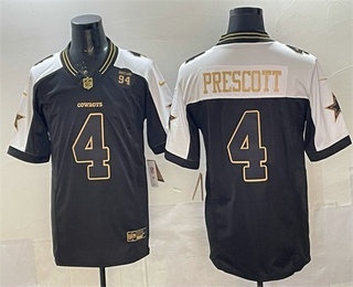 Men's Dallas Cowboys #4 Dak Prescott Black Gold 2025 FUSE 94 Marshawn Kneeland Patch Vapor Limited Stitched Jersey