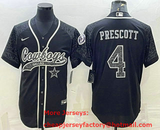 Men's Dallas Cowboys #4 Dak Prescott Black Reflective With Patch Cool Base Stitched Baseball Jersey
