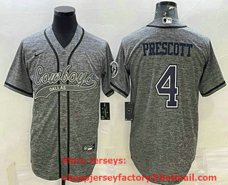 Men's Dallas Cowboys #4 Dak Prescott Grey Gridiron With Patch Cool Base Stitched Baseball Jersey
