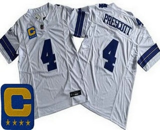 Men's Dallas Cowboys #4 Dak Prescott Limited White Captain Patch FUSE Vapor Jersey