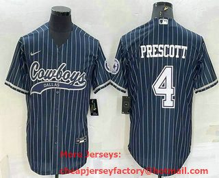 Men's Dallas Cowboys #4 Dak Prescott Navy Blue Pinstripe With Patch Cool Base Stitched Baseball Jersey