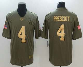 Men's Dallas Cowboys #4 Dak Prescott Olive with Gold 2017 Salute To Service Stitched NFL Nike Limited Jersey