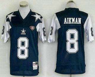 Men's Dallas Cowboys #8 Troy Aikman Navy Blue 75TH Thanksgivings Throwback Jersey