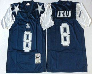 Men's Dallas Cowboys #8 Troy Aikman Navy Blue ThanksgivingsThrowback Jersey by Mitchell & Ness