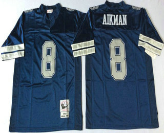 Men's Dallas Cowboys #8 Troy Aikman Navy Blue With Silver Throwback Jersey by Mitchell & Ness