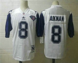 Men's Dallas Cowboys #8 Troy Aikman White Thanksgivings With 7TH Patch Throwback Jersey by Mitchell & Ness