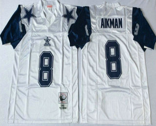 Men's Dallas Cowboys #8 Troy Aikman White ThanksgivingsThrowback Jersey by Mitchell & Ness