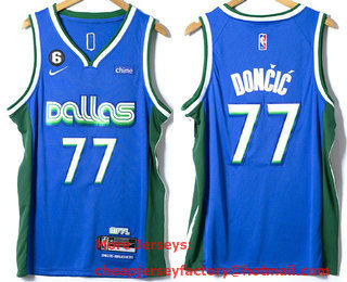 Men's Dallas Mavericks #77 Luka Doncic 2022 Blue City Edition With 6 Patch Stitched Jersey With Sponsor