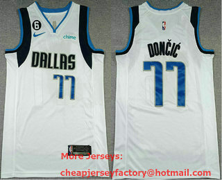 Men's Dallas Mavericks #77 Luka Doncic White With No 6 Patch 2022 Stitched Jersey With Sponsor