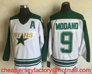 Men's Dallas Stars #9 Mike Modano 1993 White CCM Throwback Stitched Vintage Hockey Jersey