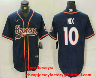 Men's Denver Broncos #10 Bo Nix Navy Cool Base Stitched Baseball Jersey