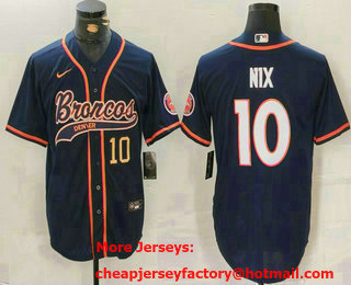 Men's Denver Broncos #10 Bo Nix Number Navy Cool Base Stitched Baseball Jersey