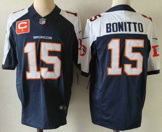 Men's Denver Broncos #15 Nik Bonitto Navy Blue C Patch Thanksgiving FUSE Vapor Jersey