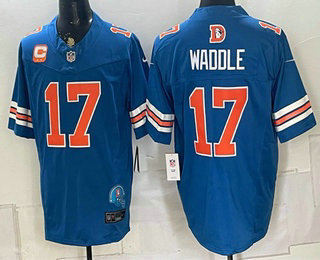 Men's Denver Broncos #17 Jaylen Waddle Blue FUSE With 2 Star C Patch Throwback Vapor Limited Stitched Jersey