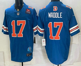 Men's Denver Broncos #17 Jaylen Waddle Limited Blue 3X Super Bowl champions Patch Throwback FUSE Vapor Jersey