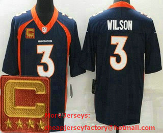 Men's Denver Broncos #3 Russell Wilson Limited Blue 2022 Captain Patch Vapor Jersey