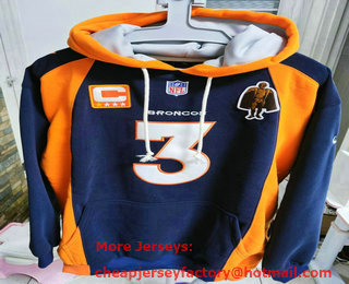 Men's Denver Broncos #3 Russell Wilson Navy C Patch Walter Payton Patch Sticthed Hoodie