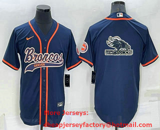 Men's Denver Broncos Navy Team Big Logo With Patch Cool Base Stitched Baseball Jersey