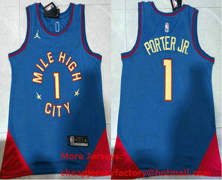Men's Denver Nuggets #1 Michael Porter Jr Blue 2023 Statement Edition With 6 Patch Stitched Jersey