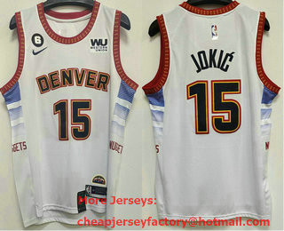 Men's Denver Nuggets #15 Nikola Jokic 2023 White City Edition With 6 Patch Stitched Jersey With Sponsor