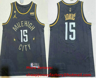 Men's Denver Nuggets #15 Nikola Jokic Black Gold 6 Patch Icon Sponsor Swingman Jersey