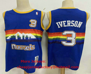 Men's Denver Nuggets #3 Allen Iverson Blue Hardwood Classics Soul Swingman Stitched NBA Throwback Jersey