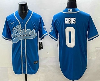 Men's Detroit Lions #0 Jahmyr Gibbs Blue Stitched Baseball Jersey