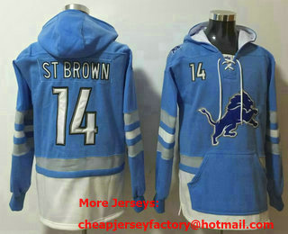 Men's Detroit Lions #14 Amon Ra St Brown NEW Blue Pocket Stitched NFL Pullover Hoodie