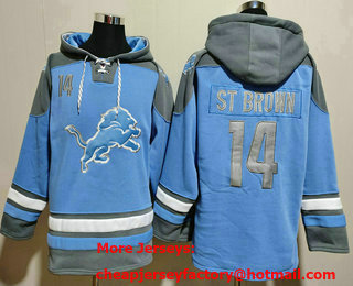 Men's Detroit Lions #14 Amon Ra St Brown Blue Ageless Must Have Lace Up Pullover Hoodie