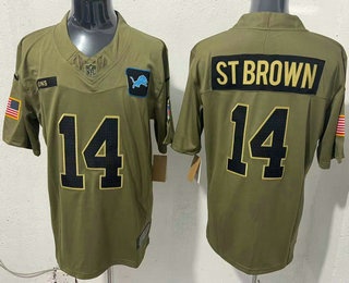 Men's Detroit Lions #14 Amon Ra St Brown Olive 2025 FUSE Salute to Service Limited Jersey