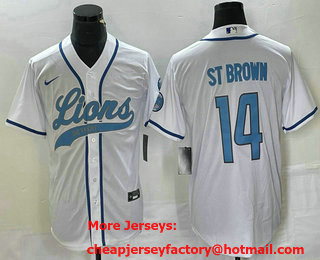 Men's Detroit Lions #14 Amon Ra St Brown White With Patch Cool Base Stitched Baseball Jersey