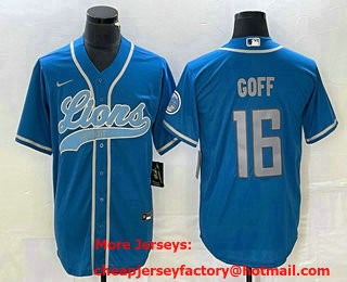 Men's Detroit Lions #16 Jared Goff Blue With Patch Cool Base Stitched Baseball Jersey