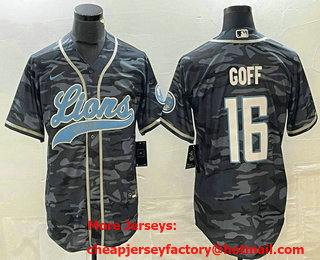 Men's Detroit Lions #16 Jared Goff Grey Camo With Patch Cool Base Stitched Baseball Jersey