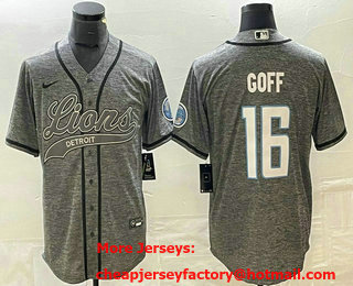Men's Detroit Lions #16 Jared Goff Grey Gridiron With Patch Cool Base Stitched Baseball Jersey