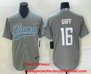 Men's Detroit Lions #16 Jared Goff Grey With Patch Cool Base Stitched Baseball Jersey