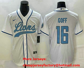 Men's Detroit Lions #16 Jared Goff White With Patch Cool Base Stitched Baseball Jersey