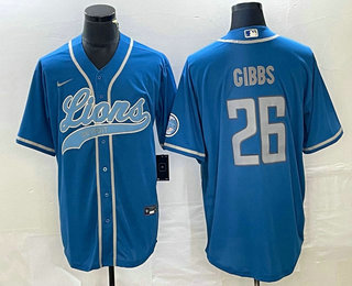 Men's Detroit Lions #26 Jahmyr Gibbs Blue With Patch Cool Base Stitched Baseball Jersey