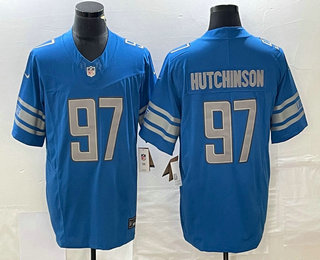 Men's Detroit Lions #97 Aidan Hutchinson Blue 2023 FUSE Vapor Limited Stitched Jersey