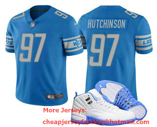 Men's Detroit Lions #97 Aidan Hutchinson Blue Stitched Jersey  AJ 12 Shoes