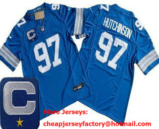 Men's Detroit Lions #97 Aidan Hutchinson Limited Blue C Patch FUSE Vapor Jersey