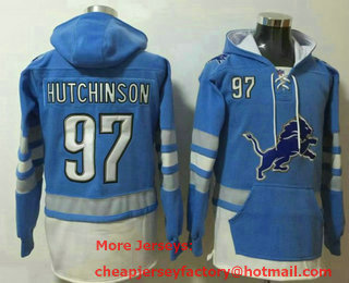 Men's Detroit Lions #97 Aidan Hutchinson NEW Blue Pocket Stitched NFL Pullover Hoodie