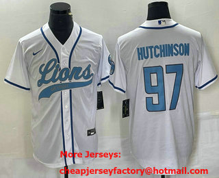 Men's Detroit Lions #97 Aidan Hutchinson White With Patch Cool Base Stitched Baseball Jersey