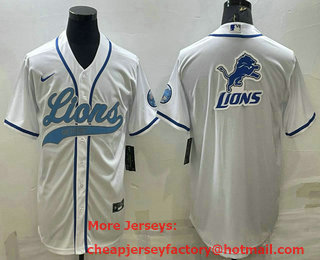 Men's Detroit Lions White Team Big Logo With Patch Cool Base Stitched Baseball Jersey
