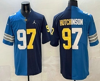 Men's Detroit Lions Wolverines #97 Aidan Hutchinson Blue Navy Split Vapor Limited Stitched Jersey