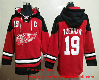 Men's Detroit Red Wings #19 Steve Yzerman Red Ageless Must Have Lace Up Pullover Hoodie
