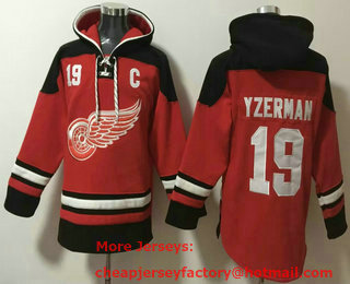 Men's Detroit Red Wings #19 Steve Yzerman Red Ageless Must Have Lace Up Pullover Hoodie